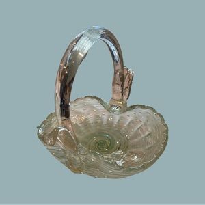 Vtg. Pale Green Swirled with Controlled Bubbles Clear Handle Basket Art Glass